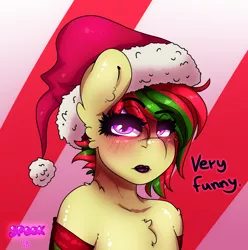 Size: 1614x1629 | Tagged: anthro, artist:aaa-its-spook, chest fluff, christmas, deadpan, delet this, derpibooru import, femboy, hat, holiday, lipstick, makeup, male, meme, oc, oc:attraction, raised eyebrow, safe, santa hat, solo, trap, unamused