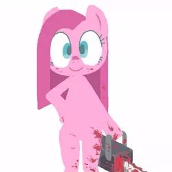 Size: 600x600 | Tagged: grimdark, artist:ume89s, derpibooru import, pinkie pie, pony, bipedal, blood, chainsaw, cute, cuteamena, female, grimcute, hoof on hip, lineless, looking at you, mare, pinkamena diane pie, smiling, solo