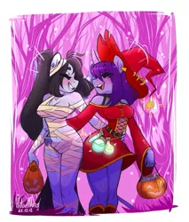 Size: 515x604 | Tagged: suggestive, artist:hiloumuns, derpibooru import, oc, unofficial characters only, anthro, unicorn, anthro oc, breasts, clothes, costume, eyes closed, female, females only, halloween, halloween costume, hat, holiday, jack-o-lantern, monster mare, mummy, pumpkin, pumpkin bucket, smiling, witch costume, witch hat