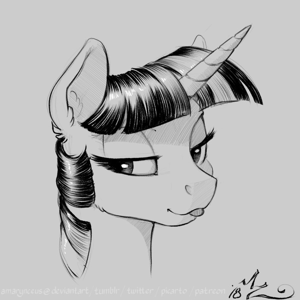 Size: 900x900 | Tagged: safe, artist:amarynceus, deleted from derpibooru, derpibooru import, twilight sparkle, pony, :p, bust, female, gray background, grayscale, lidded eyes, mare, monochrome, portrait, silly, simple background, sketch, solo, tongue out