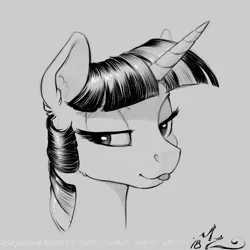 Size: 900x900 | Tagged: safe, artist:amarynceus, deleted from derpibooru, derpibooru import, twilight sparkle, pony, :p, bust, female, gray background, grayscale, lidded eyes, mare, monochrome, portrait, silly, simple background, sketch, solo, tongue out