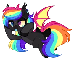 Size: 1024x826 | Tagged: safe, artist:_spacemonkeyz_, derpibooru import, oc, oc:happy pills, bat pony, pony, bat pony oc, bat wings, colored hooves, colored wings, female, heterochromia, jaundice, mare, multicolored hair, rainbow hair, scene kid, simple background, solo, tongue out, transparent background, wings