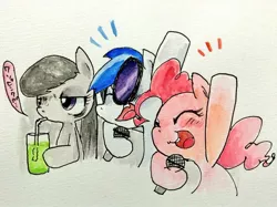 Size: 1024x767 | Tagged: safe, artist:ume89s, derpibooru import, octavia melody, pinkie pie, vinyl scratch, pony, annoyed, drinking, female, hoof in air, karaoke, lidded eyes, mare, octavia is not amused, open mouth, singing, smiling, traditional art, unamused, urge to kill rising