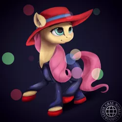 Size: 1200x1200 | Tagged: source needed, safe, artist:grayworldcorporation, derpibooru import, fluttershy, pegasus, pony, abstract background, clothes, female, hat, mare, smiling, solo