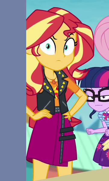 Size: 508x842 | Tagged: safe, derpibooru import, screencap, fluttershy, sci-twi, sunset shimmer, twilight sparkle, equestria girls, equestria girls series, rollercoaster of friendship, angry, clothes, cropped, geode of empathy, glasses, jacket, leather, leather jacket, magical geodes, offscreen character, shrunken pupils, skirt