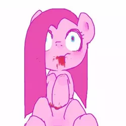 Size: 400x400 | Tagged: semi-grimdark, artist:ume89s, derpibooru import, pinkie pie, pony, blood, female, mare, pinkamena diane pie, shrunken pupils, sitting, solo