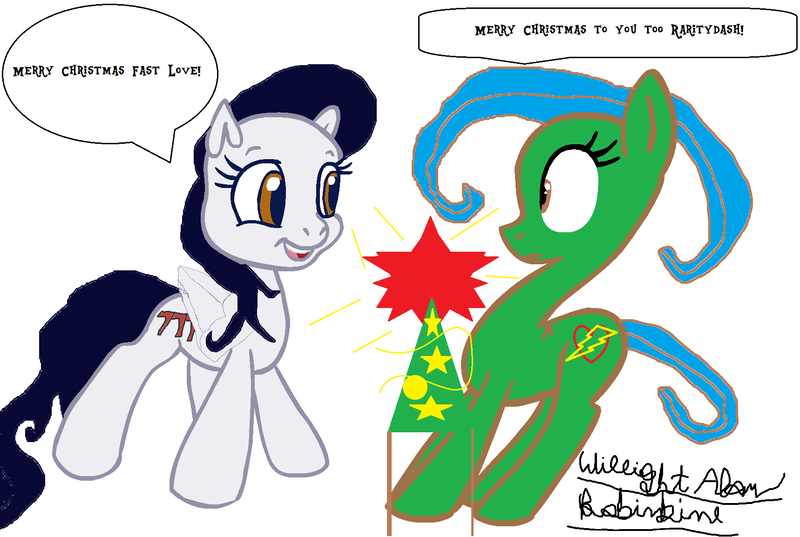 Size: 1718x1154 | Tagged: safe, artist:superroblox00, derpibooru import, oc, oc:fast love, oc:serendipity, earth pony, pegasus, pony, christmas, christmas tree, g3.5, g3.5 to g4, generation leap, holiday, text, tree