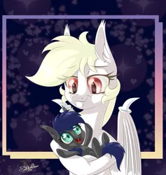 Size: 757x800 | Tagged: safe, artist:unisoleil, derpibooru import, oc, oc:albi light wing, oc:silvia rhea wing, unofficial characters only, bat pony, pony, baby, baby pony, female, filly, heart eyes, mare, wingding eyes