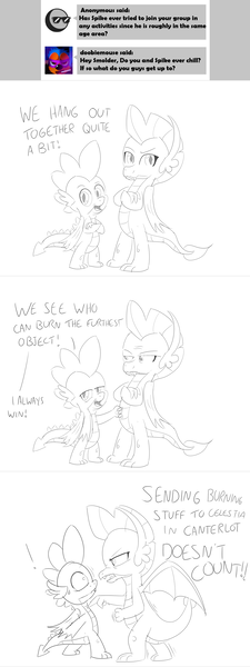 Size: 1152x3074 | Tagged: artist:sintakhra, ask, derpibooru import, dragon, monochrome, reupload, safe, smolder, spike, tumblr, tumblr:studentsix, winged spike