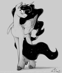 Size: 1029x1200 | Tagged: safe, artist:amarynceus, deleted from derpibooru, derpibooru import, princess luna, alicorn, classical unicorn, pony, unicorn, blushing, cloven hooves, dappled, ethereal mane, female, freckles, gray background, grayscale, leonine tail, mare, monochrome, scrunchy face, simple background, solo, starry mane, unshorn fetlocks