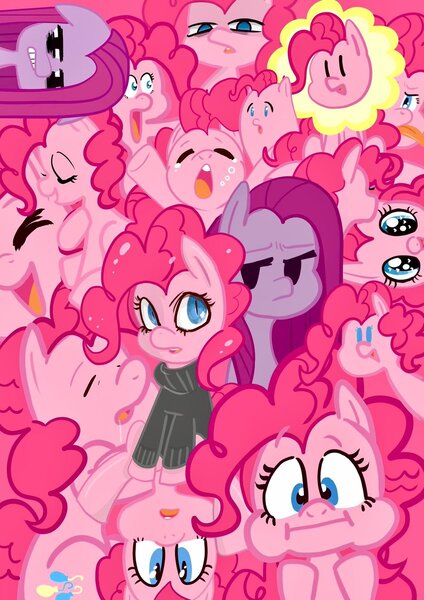 Size: 848x1199 | Tagged: safe, artist:horatio_kun, derpibooru import, pinkie pie, earth pony, pony, clothes, drool, eyes closed, female, mare, multeity, pinkamena diane pie, sweater, too much pink energy is dangerous, turtleneck, yawn