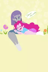 Size: 809x1200 | Tagged: safe, artist:horatio_kun, derpibooru import, maud pie, pinkie pie, equestria girls, clothes, cute, dialogue, diapinkes, duo, eyes closed, female, flower, hand on head, maudabetes, missing shoes, siblings, sisterly love, sisters, skirt, smiling, socks, speech bubble, when she smiles