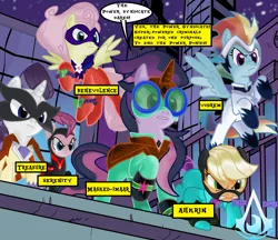 Size: 2285x1973 | Tagged: safe, artist:darktailsko, derpibooru import, idw, fili-second, masked matter-horn, mean applejack, mean fluttershy, mean pinkie pie, mean rainbow dash, mean rarity, mean twilight sparkle, mistress marevelous, radiance, zapp, alicorn, earth pony, pegasus, pony, unicorn, the mean 6, alternate hairstyle, boots, building, caption, clone, clone six, clothes, commission, costume, earth-3, evil, female, flying, goggles, gritted teeth, image, jewelry, mare, mask, necklace, night, outfit, png, power ponies, raised hoof, rooftop, shoes, signature, skyscraper, supervillain, text box, the power syndicate, watermark
