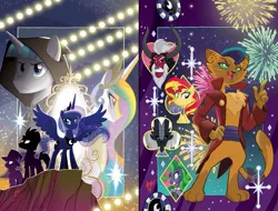 Size: 1511x1147 | Tagged: safe, artist:tonyfleecs, derpibooru import, idw, capper dapperpaws, fizzlepop berrytwist, lord tirek, mane-iac, princess celestia, princess luna, stygian, sunset shimmer, tempest shadow, trixie, alicorn, anthro, earth pony, pony, unicorn, my little pony: the movie, nightmare knights, spoiler:comic, spoiler:comicnightmareknights01, angry, anthro with ponies, armor, bowtie, broken horn, cloak, clothes, coat, cover, crown, female, fireworks, glowing eyes, hat, hoof hold, horn, jewelry, looking at you, male, mare, nose piercing, nose ring, piercing, playing card, poker chips, regalia, stallion, storm guard, top hat