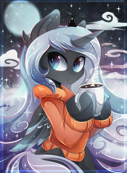 Size: 2200x3000 | Tagged: safe, artist:koveliana, derpibooru import, princess luna, alicorn, pony, chocolate, chromatic aberration, clothes, cute, female, food, hoof hold, hot chocolate, lunabetes, mare, moon, mug, solo, sweater