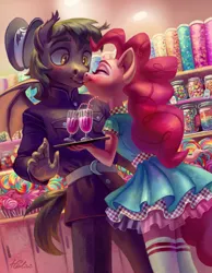 Size: 2160x2777 | Tagged: safe, artist:holivi, derpibooru import, pinkie pie, oc, oc:romuald nocturne, anthro, bat pony, earth pony, anthro oc, bat pony oc, bat wings, candy, candy shop, canon x oc, clothes, commission, cup, cupcake, drink, eyes closed, female, food, glass, hat, kissing, lollipop, male, milkshake, pants, signature, skirt, smiling, socks, stockings, straight, suit, thigh highs, tray, uniform, wings, zettai ryouiki