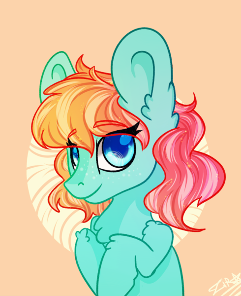 Size: 2710x3319 | Tagged: safe, artist:zira, derpibooru import, oc, unofficial characters only, earth pony, pony, art, blue, color, colorful, cute, digital art, female, fluffy, food, green, orange, pink, rainbow, simple background, solo, sparkle