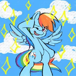 Size: 1000x1000 | Tagged: safe, artist:horatio_kun, derpibooru import, rainbow dash, pegasus, pony, bipedal, one eye closed, salute, solo, wink