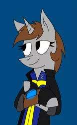 Size: 1163x1880 | Tagged: safe, artist:derpanater, derpibooru import, oc, oc:littlepip, unofficial characters only, pony, unicorn, fallout equestria, fanfic, blue background, clothes, fanfic art, female, hooves, horn, jacket, mare, pipbuck, simple background, smiling, solo, vault suit