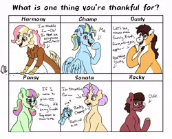 Size: 992x806 | Tagged: safe, artist:pastel-charms, derpibooru import, oc, oc:champion, oc:harmonic chord, oc:lucky horseshoe, oc:pansy everfree, oc:rock candy, oc:sonata glazed, unofficial characters only, butterfly, draconequus, earth pony, hybrid, pegasus, pony, unicorn, female, interspecies offspring, male, mare, offspring, parent:applejack, parent:cheese sandwich, parent:discord, parent:donut joe, parent:fluttershy, parent:pinkie pie, parent:rainbow dash, parent:rarity, parent:soarin', parent:troubleshoes clyde, parent:twilight sparkle, parents:cheesepie, parents:discoshy, parents:rarijoe, parents:soarindash, parents:troublejack, stallion