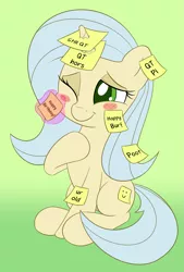 Size: 1835x2709 | Tagged: safe, artist:esfelt, derpibooru import, oc, oc:posty, unofficial characters only, pony, unicorn, blushing, cute, female, gift art, mare, ocbetes, solo, sticky note, sweet dreams fuel