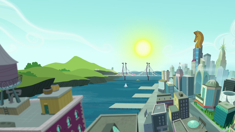 Size: 1440x810 | Tagged: architecture, bridge, building, city, cityscape, crystaller building, derpibooru import, friendship express, made in manehattan, manehattan, no pony, pier, piers, safe, sailboat, scenery, screencap, skyline, stadium, sun, train, water tower