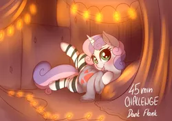 Size: 2480x1754 | Tagged: safe, artist:dankflank, derpibooru import, sweetie belle, pony, unicorn, 30 minute art challenge, blushing, clothes, cute, female, filly, fort, lights, pillow, pillow fort, socks, solo, striped socks, sweater, thigh highs, tongue out