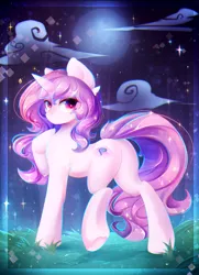 Size: 1736x2396 | Tagged: safe, artist:koveliana, derpibooru import, oc, oc:tender dream, unofficial characters only, pony, unicorn, butt, cloud, commission, female, full moon, grass, looking at you, looking back, mare, moon, night, plot, smiling, solo, stars