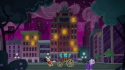 Size: 1440x809 | Tagged: safe, deleted from derpibooru, derpibooru import, screencap, b. sharp, pegasus olsen, peggy holstein, unnamed character, unnamed pony, viola (character), earth pony, pony, made in manehattan, apartment complex, background pony, bronclyn, building, carriage, city, coach, coco's apartment building, female, lights, male, manehattan, mare, night, stallion