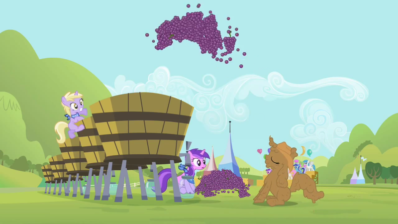 Size: 1920x1080 | Tagged: safe, derpibooru import, screencap, amethyst star, dinky hooves, lightning bolt, merry may, minuette, rarity, twinkleshine, white lightning, pony, unicorn, sisterhooves social, applejack's hat, australia, covered in mud, cowboy hat, eyes closed, female, filly, foal, food, grapes, hat, mare