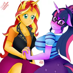 Size: 2520x2520 | Tagged: safe, artist:rockleerocks77, derpibooru import, sci-twi, sunset shimmer, twilight sparkle, anthro, equestria girls, equestria girls series, blushing, breasts, busty sunset shimmer, busty twilight sparkle, cute, female, holding hands, lesbian, love, romance, scitwishimmer, shimmerbetes, shipping, simple background, sunsetsparkle, twiabetes