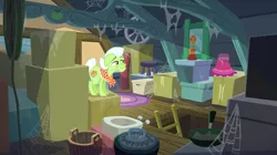 Size: 1440x808 | Tagged: safe, derpibooru import, screencap, granny smith, earth pony, pony, brotherhooves social, attic, box, clutter, female, frying pan, ladder, mare, solo, spider web, yoke