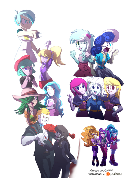 Size: 2480x3496 | Tagged: safe, artist:tofutiles, derpibooru import, adagio dazzle, aria blaze, bon bon, bulk biceps, cloudy kicks, drama letter, fuchsia blush, lavender lace, lyra heartstrings, octavia melody, paisley, sonata dusk, sweet leaf, sweetie drops, tennis match, trixie, watermelody, equestria girls, rainbow rocks, background human, female, high res, male, musical instrument, simple background, the dazzlings, trixie and the illusions, violin, white background