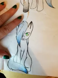 Size: 3024x4032 | Tagged: safe, artist:sachiko765, derpibooru import, oc, unofficial characters only, pony, bad nailpolish, bedroom eyes, hair over one eye, hand, hand in picture, solo, tongue out, torn paper, traditional art
