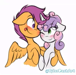 Size: 727x721 | Tagged: safe, artist:tylerdashart, derpibooru import, scootaloo, sweetie belle, pegasus, pony, unicorn, blushing, cute, female, filly, lesbian, looking at each other, one eye closed, scootabelle, shipping, simple background, smiling, tongue out, white background