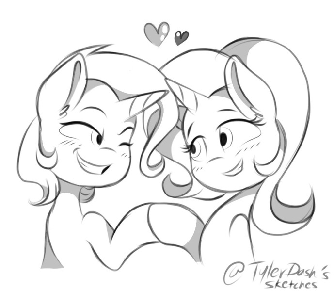 Size: 904x787 | Tagged: safe, artist:tylerdashart, derpibooru import, starlight glimmer, trixie, pony, unicorn, black and white, blushing, female, grayscale, heart, lesbian, lineart, looking at each other, mare, monochrome, one eye closed, shipping, sketch, smiling, startrix, wink