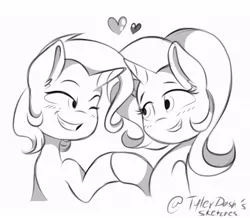Size: 904x787 | Tagged: safe, artist:tylerdashart, derpibooru import, starlight glimmer, trixie, pony, unicorn, black and white, blushing, female, grayscale, heart, lesbian, lineart, looking at each other, mare, monochrome, one eye closed, shipping, sketch, smiling, startrix, wink