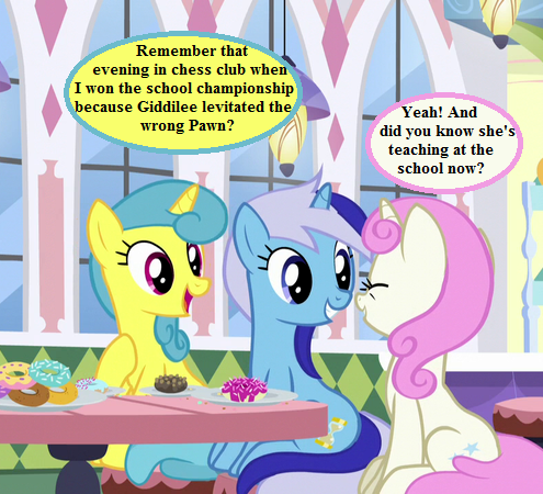 Size: 495x450 | Tagged: adorableshine, amending fences, chess, cropped, cute, derpibooru import, dialogue, donut, edit, edited screencap, food, idw micro series, implied giddilee, lemonbetes, lemon hearts, minubetes, minuette, reminiscing, safe, screencap, speech bubble, twinkleshine