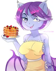 Size: 2208x2807 | Tagged: suggestive, artist:alna fratcher, derpibooru import, oc, oc:lucidia dreams, unofficial characters only, anthro, bat pony, apron, bat pony oc, bat wings, big breasts, blueberry, breasts, clothes, commission, cutie mark, erect nipples, female, food, high res, looking at you, nipple outline, open mouth, pancakes, plate, smiling, solo, solo female, starry eyes, strawberry, wingding eyes, wings, ych result