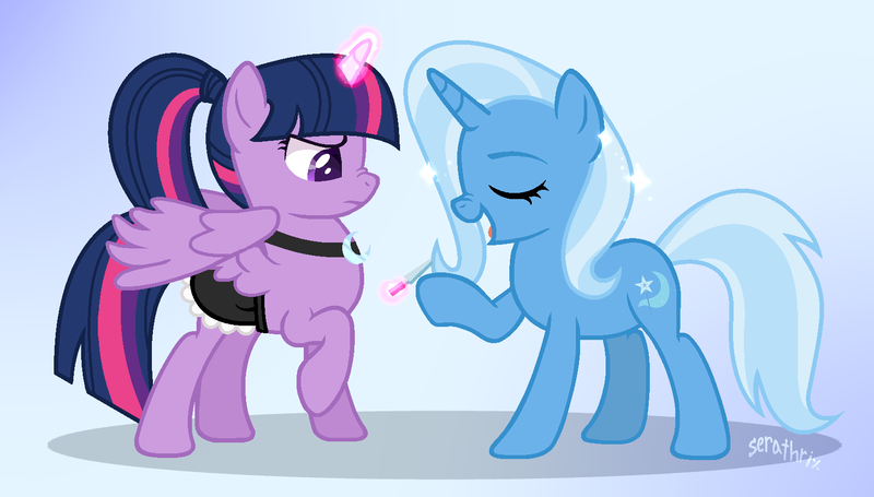 Size: 1606x914 | Tagged: safe, artist:serathrix, derpibooru import, trixie, twilight sparkle, twilight sparkle (alicorn), alicorn, pony, unicorn, base used, clothes, female, hooficure, lesbian, maid, nail file, shipping, twilight is not amused, twixie, unamused