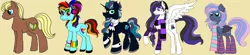 Size: 4552x1000 | Tagged: safe, artist:rosefang16, derpibooru import, oc, oc:butterfly kisses, oc:coco bean, oc:lapis lapel, oc:misty rose, oc:rave dancer, unofficial characters only, earth pony, pegasus, pony, unicorn, armband, art evolution, beanie, bracelet, chest fluff, clothes, ear fluff, ear piercing, earring, eyeshadow, female, hat, headphones, jewelry, makeup, male, mare, piercing, raised hoof, scarf, simple background, socks, stallion, striped socks, tan background, unshorn fetlocks