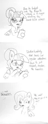 Size: 1280x3295 | Tagged: safe, artist:tjpones, derpibooru import, fluttershy, twilight sparkle, twilight sparkle (alicorn), alicorn, pegasus, pony, black and white, chest fluff, clipboard, clothes, comic, dialogue, ear fluff, exclamation point, female, glasses, grayscale, hoof hold, implications, interrobang, lab coat, lineart, mare, monochrome, pervert, question mark, simple background, traditional art, unfortunate implications