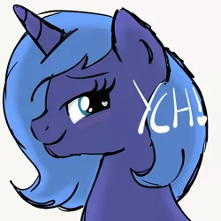 Size: 2100x2100 | Tagged: safe, artist:lannielona, derpibooru import, princess luna, pony, advertisement, bedroom eyes, blushing, bust, commission, female, filly, looking back, portrait, s1 luna, simple background, sketch, solo, white background, wingding eyes, woona, young luna, younger, your character here