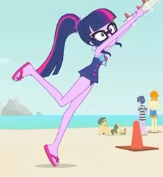 Size: 1939x2100 | Tagged: safe, derpibooru import, screencap, microchips, sandalwood, sci-twi, twilight sparkle, valhallen, equestria girls, equestria girls series, forgotten friendship, beach, clothes, drone, feet, flip-flops, glassed, legs, ponytail, sandals, selfie drone, sleeveless, swimsuit