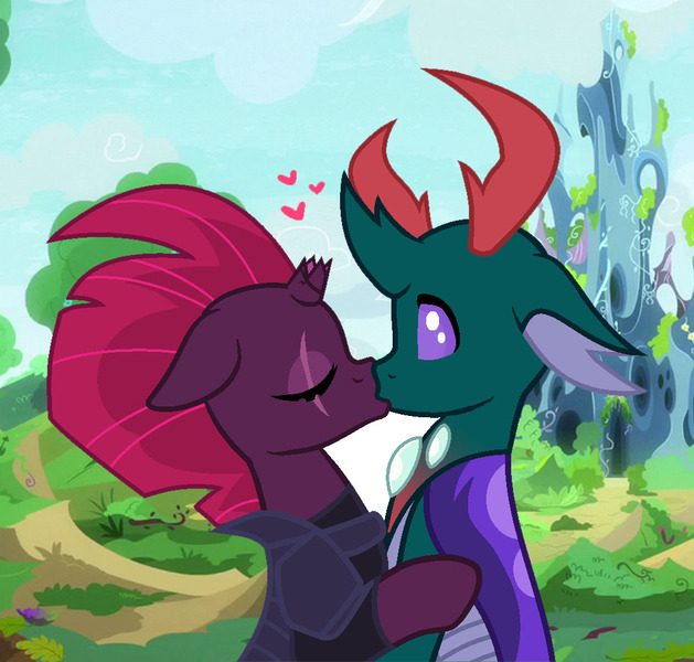 Size: 1029x982 | Tagged: safe, artist:dippygamer64, derpibooru import, pharynx, tempest shadow, changedling, changeling, pony, unicorn, broken horn, changeling kingdom, crack shipping, eye scar, eyes closed, female, floppy ears, heart, horn, interspecies, kissing, male, prince pharynx, scar, shipping, tempynx