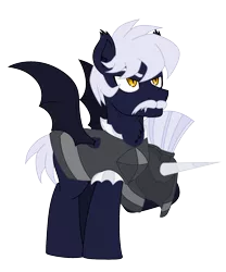 Size: 1000x1200 | Tagged: safe, artist:tertonda, deleted from derpibooru, derpibooru import, oc, oc:obsidian shield, unofficial characters only, bat pony, pony, 2019 community collab, derpibooru community collaboration, armor, bat pony oc, bat wings, chest fluff, ear fluff, facial hair, guard, helmet, male, simple background, solo, stallion, transparent background, wings
