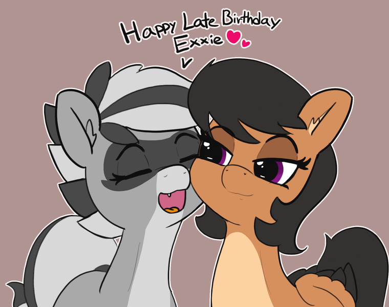 Size: 1280x1011 | Tagged: safe, artist:pabbley, derpibooru import, oc, oc:bandy cyoot, oc:exxie, unofficial characters only, hybrid, pegasus, pony, raccoon, raccoon pony, duo, eyes closed, fangs, female, happy birthday, heart, mare, nuzzling, open mouth, smiling