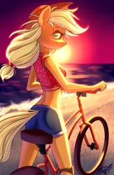 Size: 1750x2679 | Tagged: anthro, applejack, artist:pellsya, backlighting, beach, beautiful, bicycle, clothes, commission, derpibooru import, female, freckles, looking at you, looking back, looking back at you, midriff, safe, sand, shirt, shorts, solo, sun, sunset, water, ych result