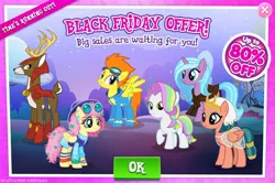 Size: 1156x767 | Tagged: safe, derpibooru import, idw, official, blackthorn, blaze, coconut cream, fluttershy, radiant hope, somnambula, deer, earth pony, pegasus, pony, unicorn, advertisement, black friday, cropped, gameloft, idw showified, retro, sale