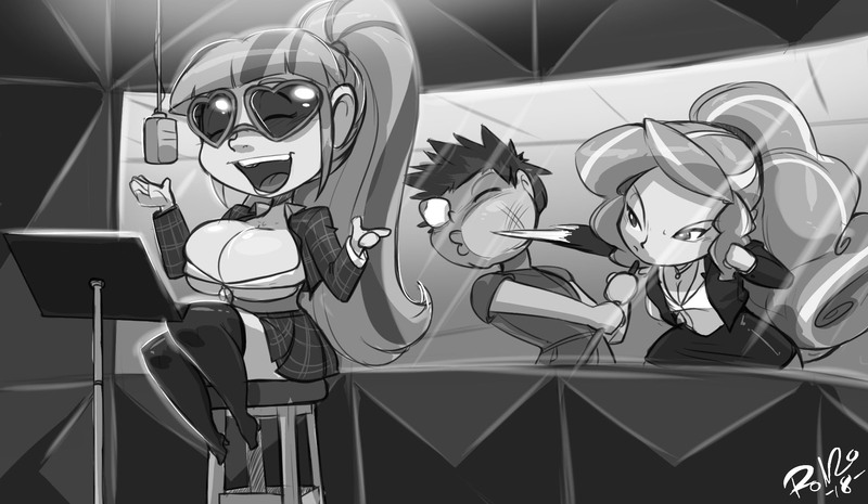 Size: 1920x1117 | Tagged: adagio dazzle, artist:shonuff44, big breasts, breasts, busty adagio dazzle, busty sonata dusk, cleavage, commission, derpibooru import, female, grayscale, huge breasts, human, humanized, human male, male, monochrome, punch, recording studio, sonata dusk, stupid sexy sonata dusk, suggestive, sunglasses